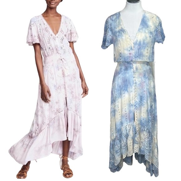 YFB NWT Young Fabulous & Broke Costa Maxi Dress XS Tie Dye Eyelet Lace - Picture 1 of 13
